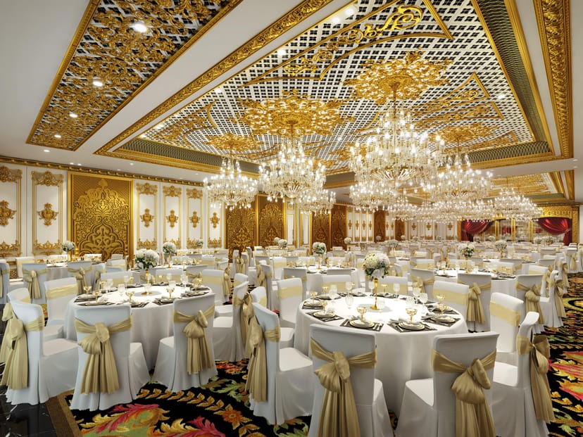 Luxury ballroom with crystal chandeliers for gold-themed gala or wedding venue.