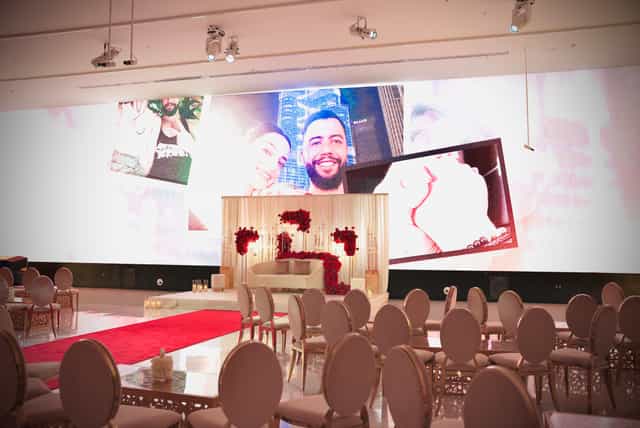 Space 01 wedding venue featuring immersive LED backdrop for luxury event decor.
