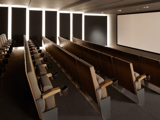 Luxury screening room with theater seating for corporate events and private film presentations.