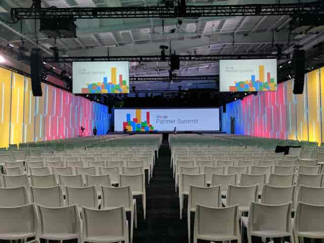 Keynote setup at Pier 36 NYC featuring immersive LED backdrop for corporate events and conferences.