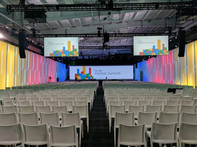 Keynote setup at Pier 36 NYC featuring immersive LED backdrop for corporate events and conferences.