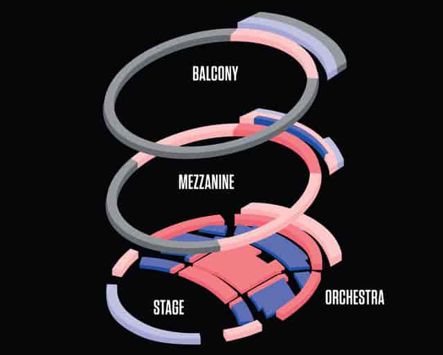 Tiered seating at Rose Theater for event venue planning and ticket capacity management.
