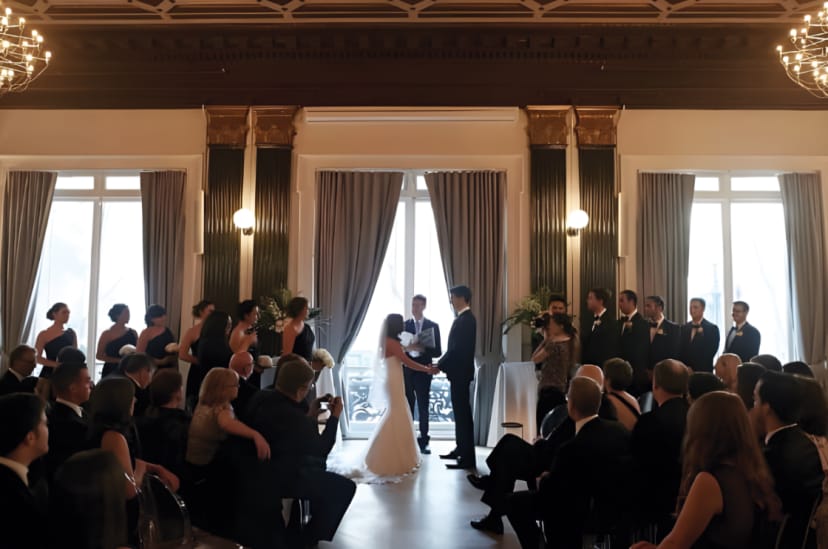 High-end ballroom ceremony with theater seating, perfect for elegant wedding and event venue rentals.