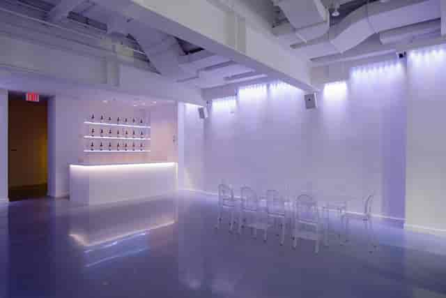 Industrial banquet hall at Lavan Chelsea with LED lighting for evening receptions and brand events.