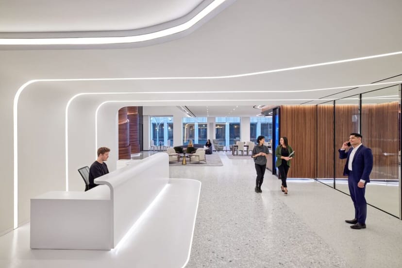 Main Hall at Quorum by Convene: Minimalist corporate lobby for executive event registration.