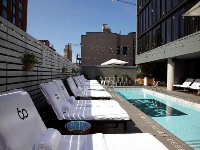 Rooftop pool deck at SIXTY LES for upscale corporate networking events and cocktail receptions.