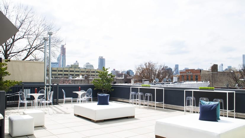 Melrose Ballroom mezzanine rooftop venue featuring sleek lounge seating for cocktail receptions.
