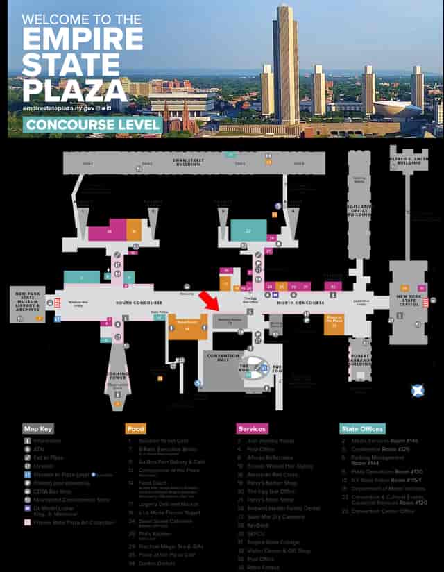 Empire State Plaza concourse map for event navigation and convention logistics planning.