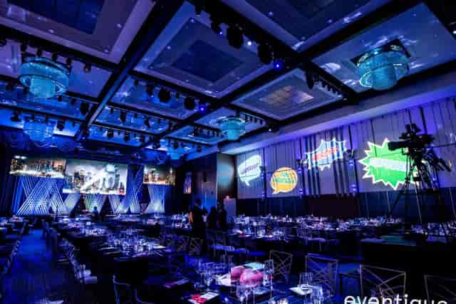 Gala event at Ziegfeld Ballroom featuring immersive projection mapping and dynamic gobo lighting.