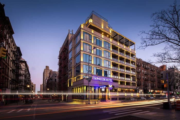 The Allen Hotel boutique conference room at dusk for corporate retreats and social events.
