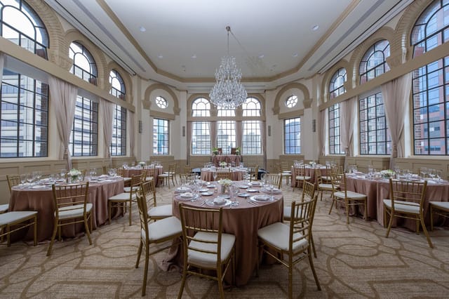 Elegant ballroom in Warwick NY with arched windows, perfect for gala dinner or wedding reception.