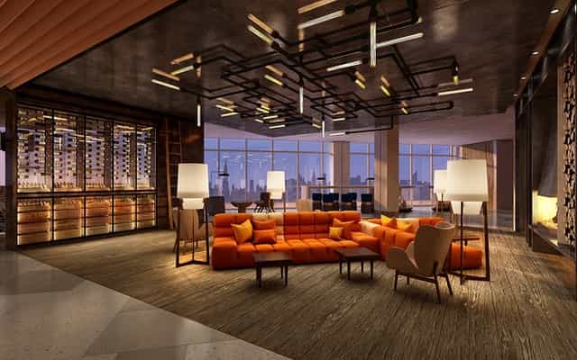 Luxury hotel lounge with statement lighting for VIP receptions and executive networking events.