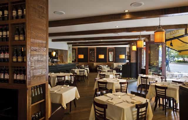 Upscale NYC hotel restaurant with warm ambiance for corporate dinners and networking events.