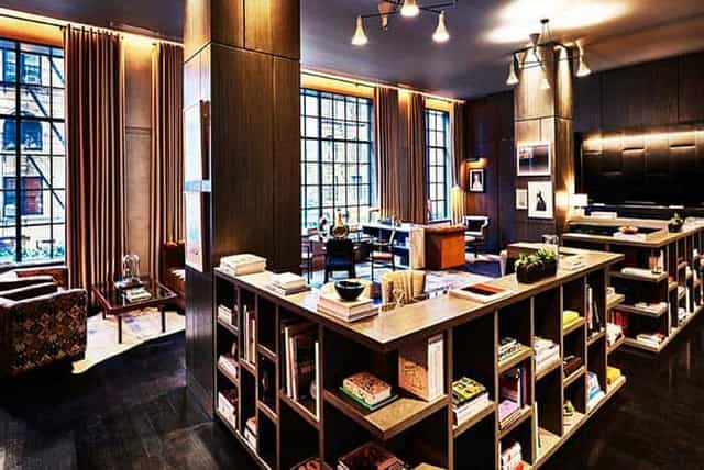 Bar at SIXTY SoHo with open shelving for upscale corporate breakout sessions and VIP events.