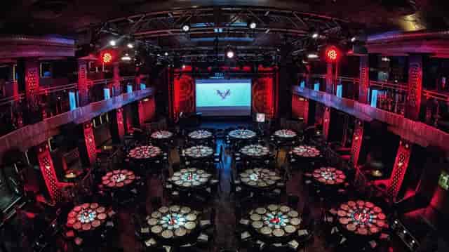 Edison Ballroom event space with dramatic lighting set for a gala dinner banquet.
