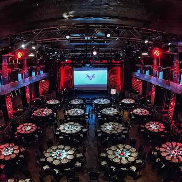 Broadway Meeting Room at Hotel Edison with red lighting for awards galas and corporate events.