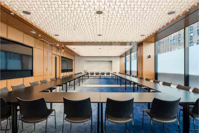 U-shape boardroom with A/V tech for executive meetings and professional corporate events.