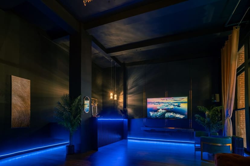 TEN32 Midtown Room 201 VIP lounge with moody LED lighting for intimate networking events.