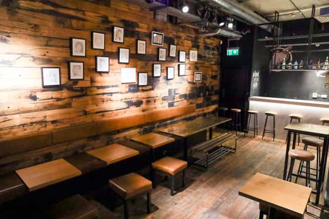 Rustic-industrial basement bar venue for small-group networking and informal receptions.