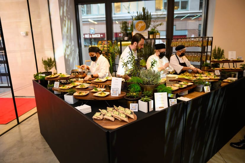 Chef-attended action station with organic decor at Moonlight Studios NYC event space.