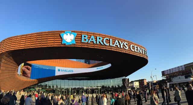 Barclays Center exterior, modern architecture, event venue, large gatherings.