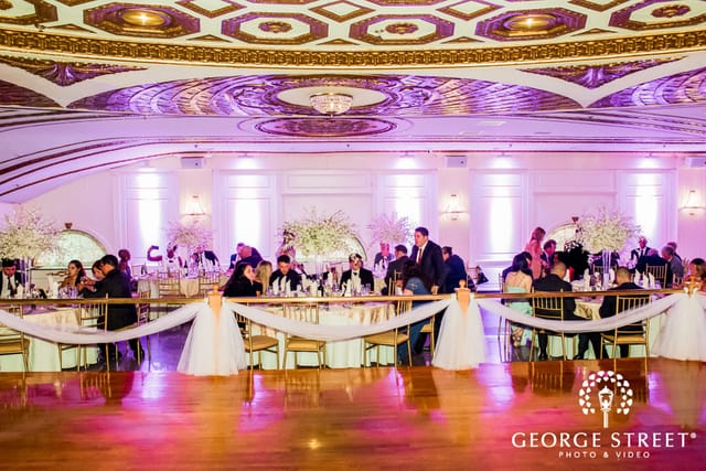 Grand Ballroom at Floral Terrace with ornate ceiling for elegant wedding reception venue.