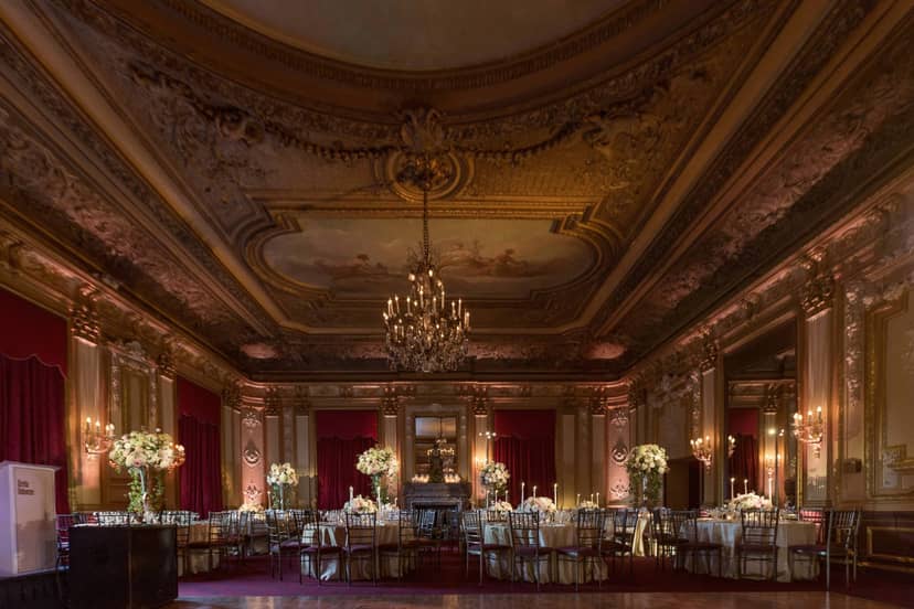 Historic ballroom at Metropolitan Club NYC, gala dinner, ornate architecture, luxury event venue.