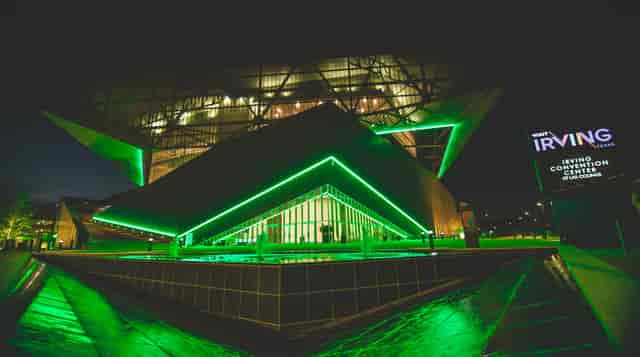 Irving Convention Center exterior with geometric architecture for conferences and galas.