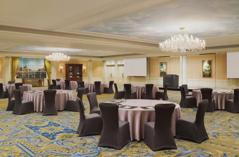 Westin Tokyo ballroom with rounds for corporate workshops and gala meetings.