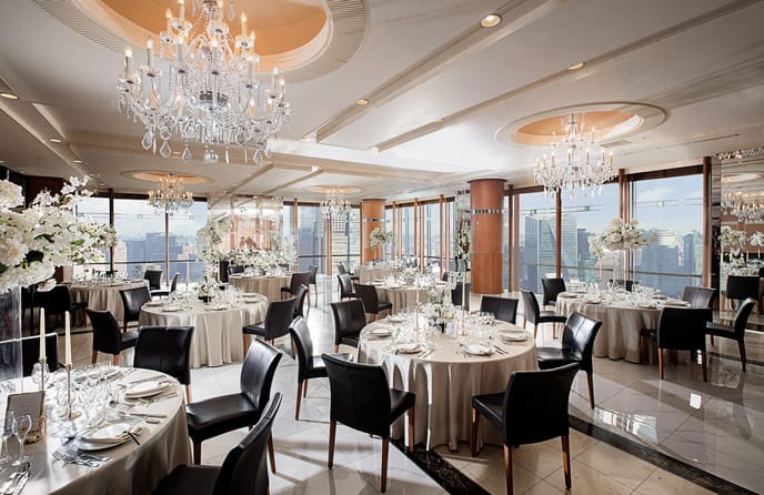 The Pavilion event space in Tokyo with crystal chandeliers for luxury galas and corporate dining.