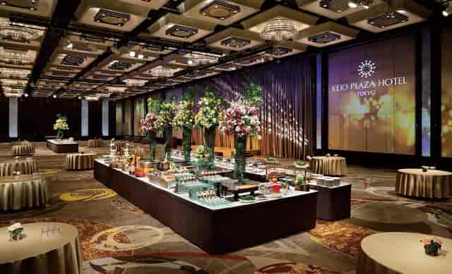 Kaede banquet buffet display at Keio Plaza Hotel for corporate gala and upscale reception.