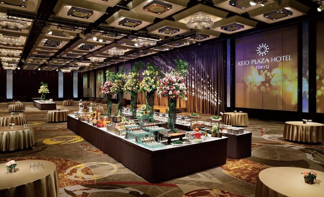 Kaede banquet buffet display at Keio Plaza Hotel for corporate gala and upscale reception.