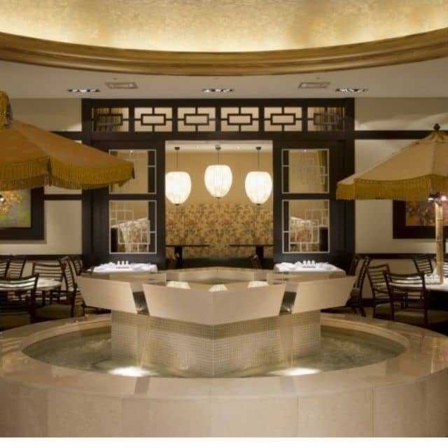 Nanen dining room with water feature for VIP welcome reception and evening networking events.