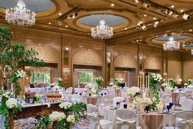 Luxury Hotel Chinzanso Tokyo ballroom with floral decor for formal gala and wedding events.