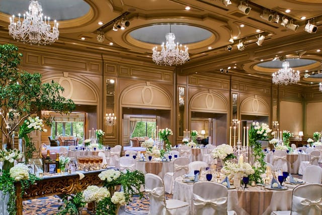 Luxury Hotel Chinzanso Tokyo ballroom with floral decor for formal gala and wedding events.