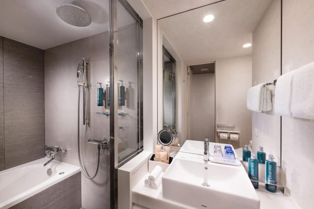 Modern hotel bathroom with shower-tub combo, ideal for corporate event room blocks.