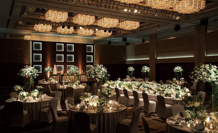 Luxury ballroom at Hotel Metropolitan Ikebukuro with tiered chandeliers for gala or wedding events.