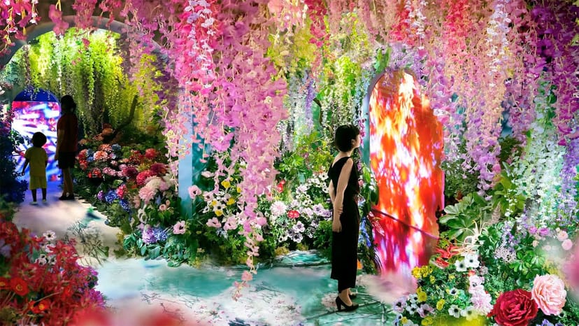 Immersive floral installation at TOKYO NODE event space for digital brand activation.