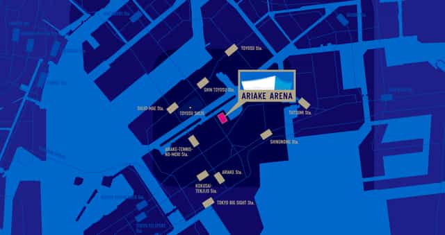 Ariake Arena floor plan: Tokyo event site map for concert and conference venue logistics.