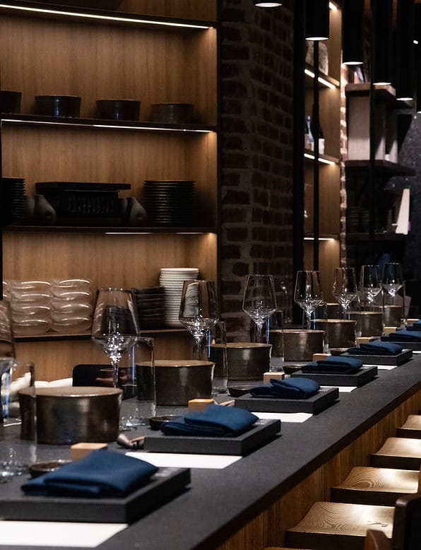 Minimalist dining room at MORI NYC, perfect for exclusive corporate tasting and VIP dinner events.