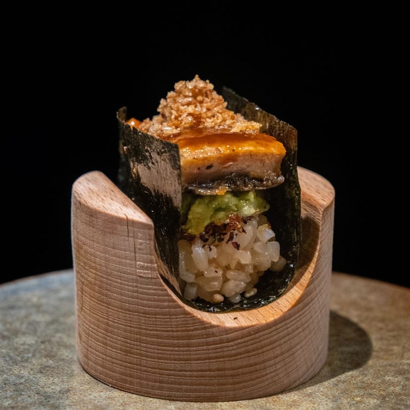 Passed hors d’oeuvres on wooden display stand at MORI NYC premium networking reception.