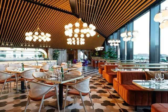 Bistro O Mat venue with tiered seating for upscale cocktail receptions and networking dinners.