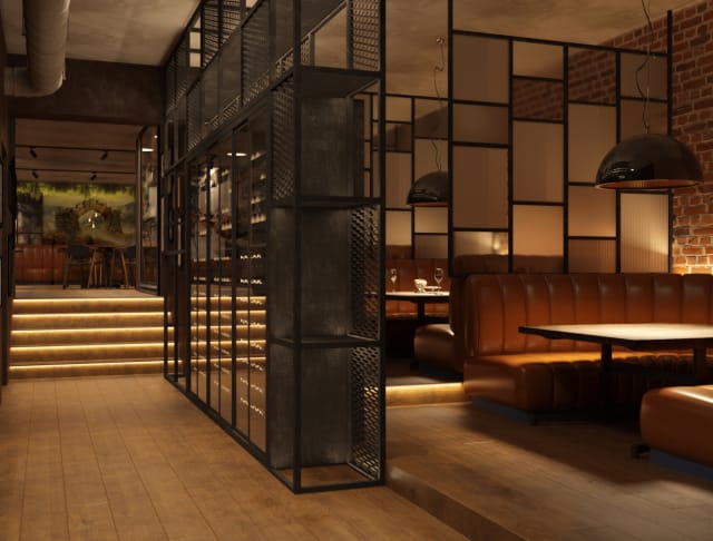 Industrial-chic Latin Bistro & Bar private dining space for VIP networking events.