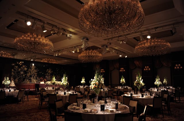 Shangri-La Tokyo ballroom with crystal chandeliers for an upscale gala or formal evening reception.