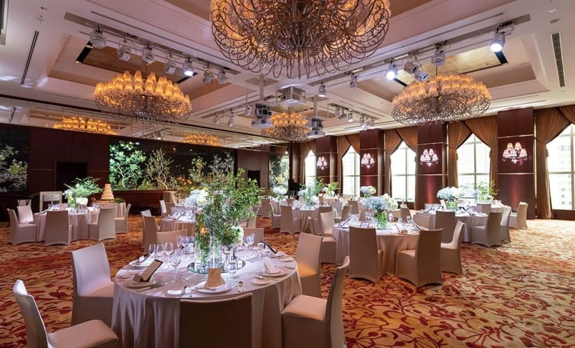 Shangri-La Tokyo ballroom with crystal chandeliers for formal banquet and gala event venue.