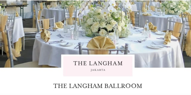 The Langham Jakarta ballroom gala setup with gold accents for luxury wedding and corporate events.