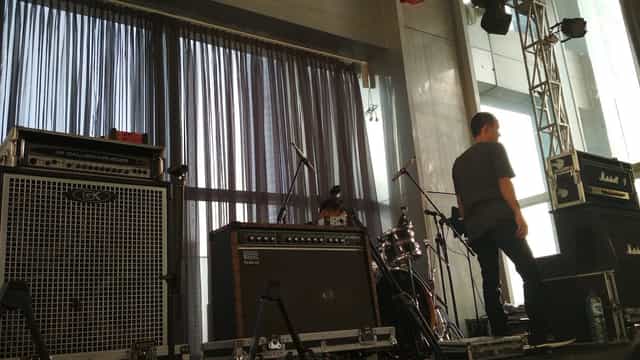 Live band soundcheck at la’SEINE Wedding Hall with professional AV trussing and stage equipment.