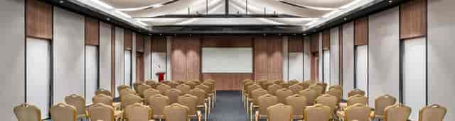 Theatre-style conference room with wood paneling for executive presentations and plenary sessions.