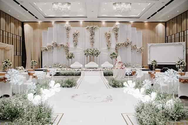 Luxury Lausanne Ballroom wedding stage with floral decor for Jakarta event venue hire.