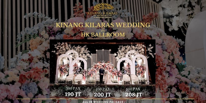 HK Tower wedding ballroom with floral stage decor for large-scale wedding venue packages.